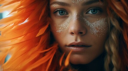 portrait of a woman with orange feathers
