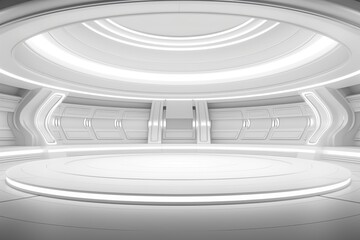 Symmetrical, minimalist 3D render of a round modern showcase, ideal for stylishly presenting products with ample empty space in a clean and contemporary design. Made with generative AI technology