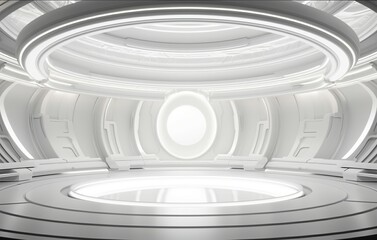 Symmetrical, minimalist 3D render of a round modern showcase, ideal for stylishly presenting products with ample empty space in a clean and contemporary design. Made with generative AI technology