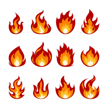 Fire flames cartoon set isolate on white. Vector bonfire of different shapes.