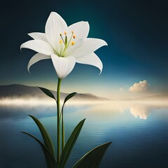 Flowers heads of white lilies. Floral mock up. Mourning or funeral background.AI generated