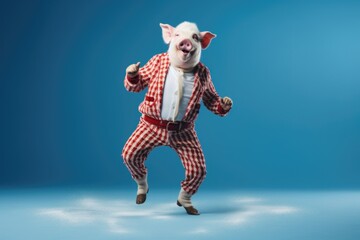Pig wearing colorful clothes  on the blue background	