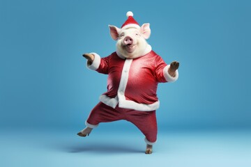 Pig wearing Christmas clothes dancing on blue background