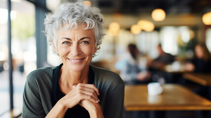 Mature woman smiling at a Cafe