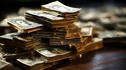 stack of cash, big pile of dollars, money background, dollar bills