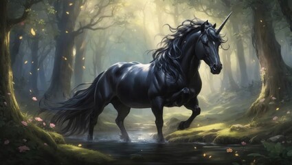 "Majestic Beauty: The Enchanting Black Unicorn in a Magical Forest"