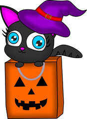 Gatinho de halloween com chapeu de bruxa. olhos azuis e nariz rosa, dentro de uma sacola de halloween, gato preto fofinho, vetor
