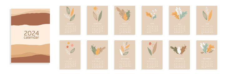 Abstract nature calendar 2024 A4. Week start from Sunday. Abstract pastel leave and flower calendar 2024. Vector illustration.