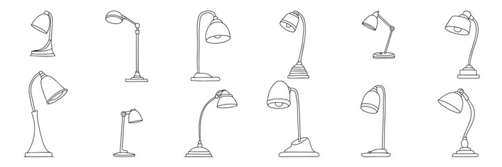 Big set of desk lamp in doodle style. Hand drawn desk lamps outline. Collection of table lamps icons set. Vector illustration.