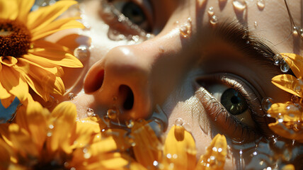 Woman in water with sunflowers floating, face, magazine cover photo, cosmetics photo, beauty industry advertising photo.