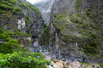 Liwu river gorge and high mountain cliff face in taroko national park