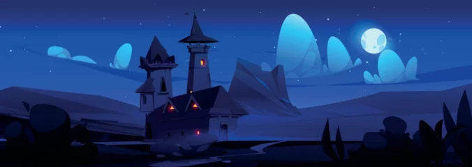 Schilderijen op glas Princess castle night fairytale magic vector landscape. Fairy tale fantasy kingdom illustration with beautiful medieval royal house. Fabulous architecture of tower with flag above moonlight and star © klyaksun
