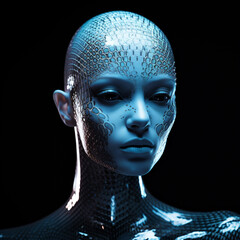 Beautiful robot woman. wearing futuristic technology. His skin is like glass.