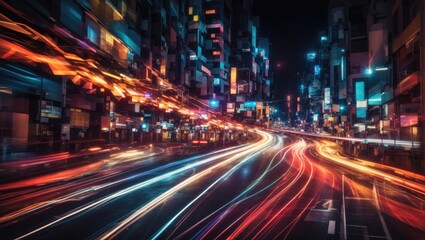 Fototapeta na wymiar Abstract image of vibrant night traffic light trails weaving through the cityscape, capturing the dynamic movement of car lights streaking across the urban landscape.