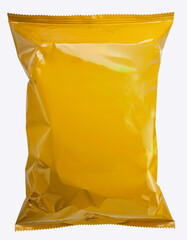 Food Packaging, Foil and plastic snack bags mockup isolated on white background, Yellow colored...