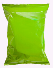 Food Packaging, Foil and plastic snack bags mockup isolated on white background, Green colored...