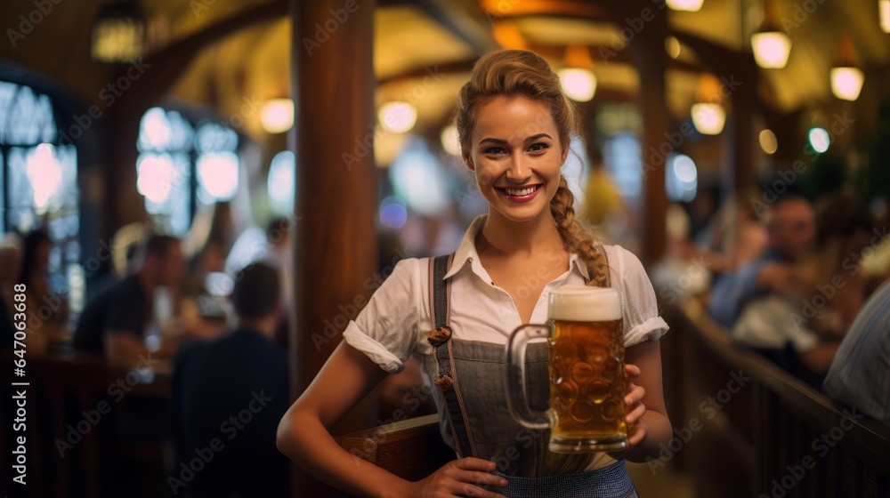 Wall mural Serving Smiles: A Waitress's Grace with Beer at Oktoberfest