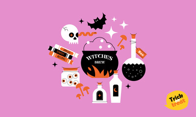 Happy Halloween. Trick or treat. Vector cute cartoon card, banner with Halloween elements for Witch Brew,
mushrooms, eyes, poison, skull, spellbook, bat. Trendy flat design for ads, greetings, poster