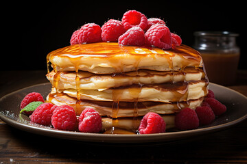 A stack of pancakes with syrup and raspberries