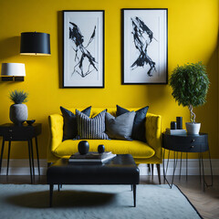 modern living room interior and yellow sofa and yellow walls 