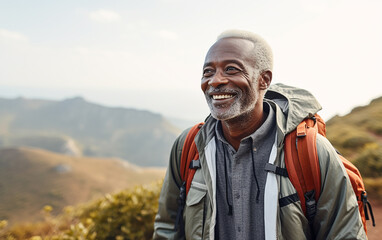 Black african american dark-skinned happy senior man hiking outdoors. Fitness walking and forest travel journey. Active senior person concept - obrazy, fototapety, plakaty