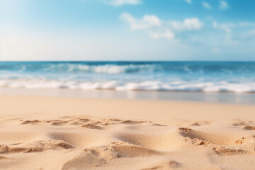 Fototapeta na wymiar Closeup sand with blurred sea background. Summer holiday.