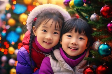 Fototapeta na wymiar 12月のクリスマスを楽しむ日本人の子供たち（アジア人・兄弟・姉妹）