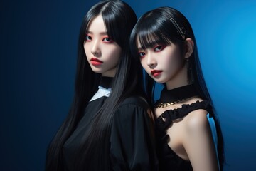 Portrait of two beautiful asian women in Fashion outfits on blue background