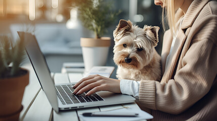 A woman sits at a table with a laptop, typing, while a small dog sits on her lap. She is wearing a beige sweater, and the dog is looking at the camera. There are plants in pots on the table.