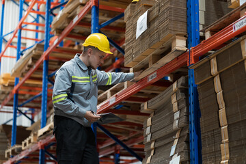 Naklejka na ściany i meble Male warehouse worker working and inspecting quality of cardboard in corrugated carton boxes warehouse storage. Male warehouse worker inspecting quality of barcodes on shelves pallet in warehouse