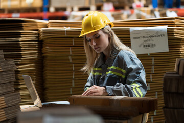 Female warehouse worker working with laptop computer for check stock in warehouse. Woman warehouse...