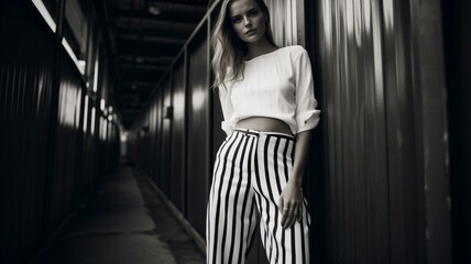 model posing in striped pants, black and white