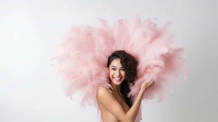 Gordijnen Woman with pink ostrich feather fan © Karen