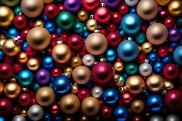 A collage of round Christmas bulbs or balls of various colors.