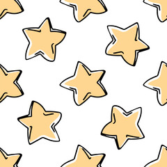 Doodle-style seamless pattern of star. Festive concept. Hand drawn color vector outline sketch.
