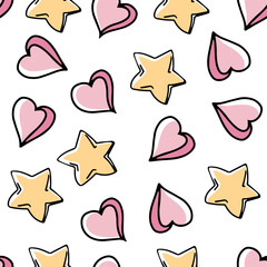 Doodle-style seamless pattern of star and hearts. Festive concept. Hand drawn color vector outline sketch.