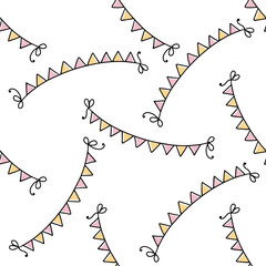 Doodle-style seamless pattern of flags on a string. Festive concept. Hand drawn color vector outline sketch.