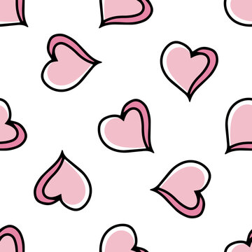Doodle-style heart seamless pattern. Festive concept. Hand drawn color vector outline sketch.