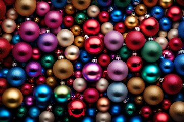 A collage of round Christmas bulbs or balls of various colors.