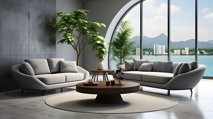 Fototapeta premium Curved gray sofa and armchair against of floor to ceiling window. Minimalist interior design of modern living room with round coffee table on grey rug