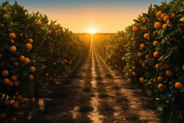 Generative ai of orange grove and lush orange trees. Thick and dense, stretching to the horizon. - obrazy, fototapety, plakaty