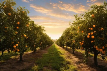 Generative ai of orange grove and lush orange trees. Thick and dense, stretching to the horizon.