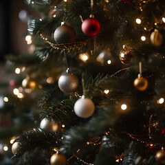 Obraz na płótnie Canvas Zoomed image of Christmas tree decorations. ai generative
