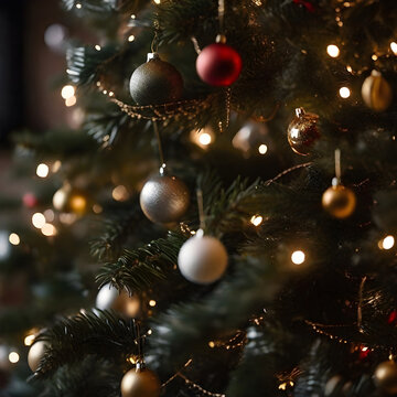 Zoomed image of Christmas tree decorations. ai generative