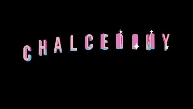 Bright letters jump merrily in the inscription CHALCEDONY Name of Gemstone. Retro. Alpha channel black. In-Out looped. Alpha BW at the end. Looped from frame 120 to 240, Alpha BW at the end