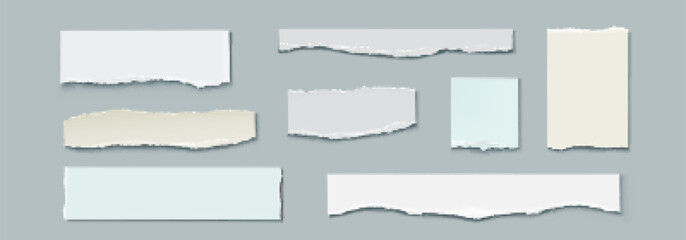 Strips of torn paper - realistic vector illustration set of square and rectangular stickers with texture of ripped edges. Pieces of notebook pages or cardboard sheets for text frame or border.
