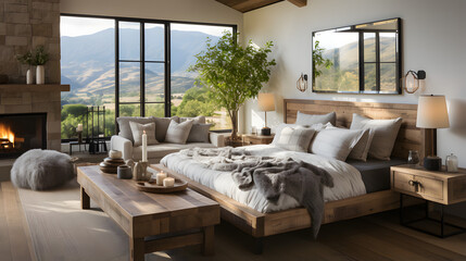 Farmhouse style interior design of modern bedroom