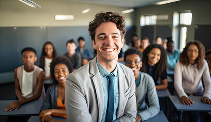 Obraz premium Junger mann steht vor einer Klasse von Studenten
