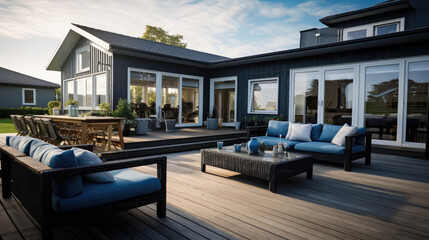 a home with large outdoor furniture in the afternoon, A modern outdoor living room, with sofa and table, generative ai