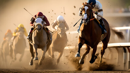 Close up Race horses with jockeys at the racetrack, horses with jockeys running towards finish line.